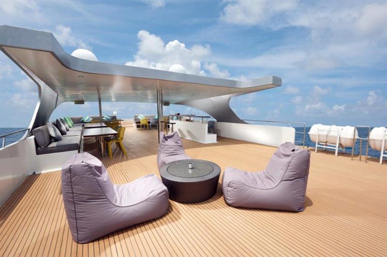 Gaia Love Sun Deck with purple bean bags.