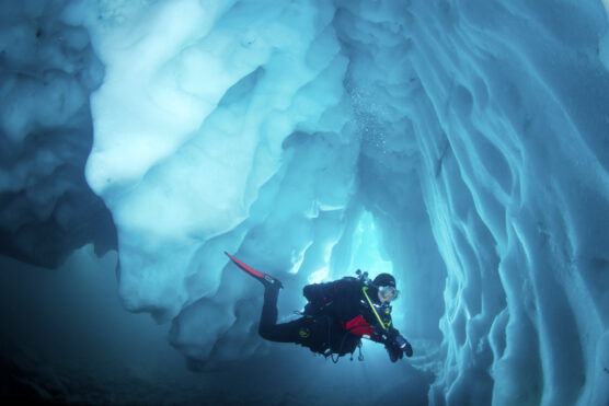 Cool,Adventure,Scuba,Diving,In,Ice,Cave.,Underwater,World.