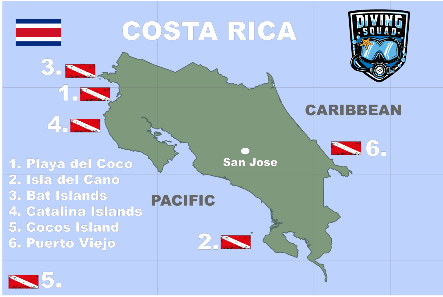 map of best diving in costa rica