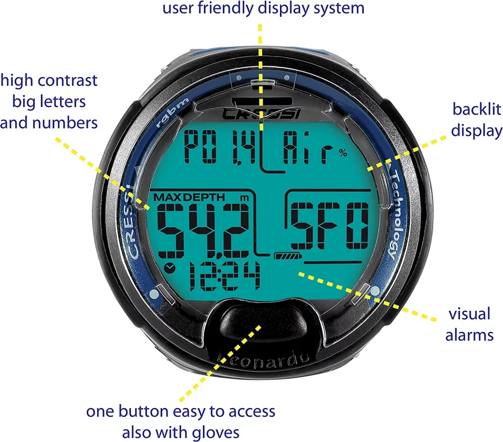 Cressi Leonardo dive computer display with labelled features