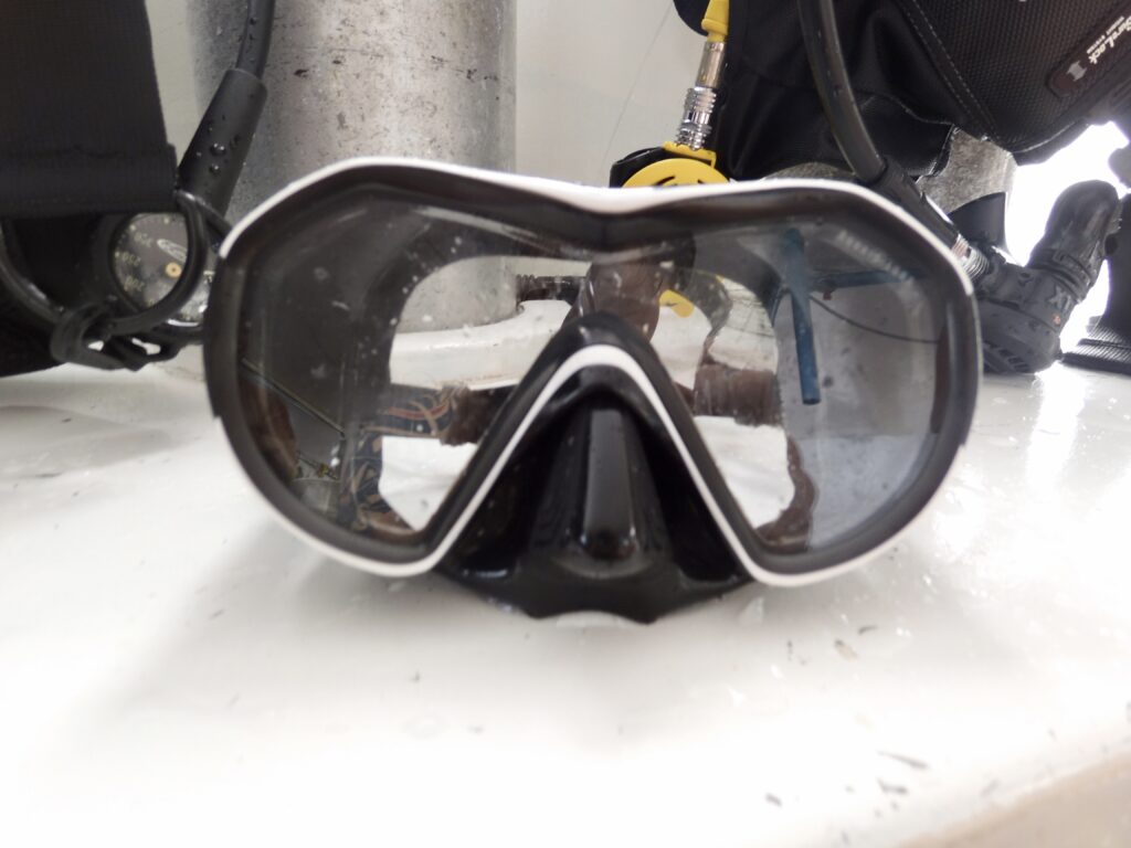 Aqualung Reveal X1 mask next to scuba diving tank and regulator.