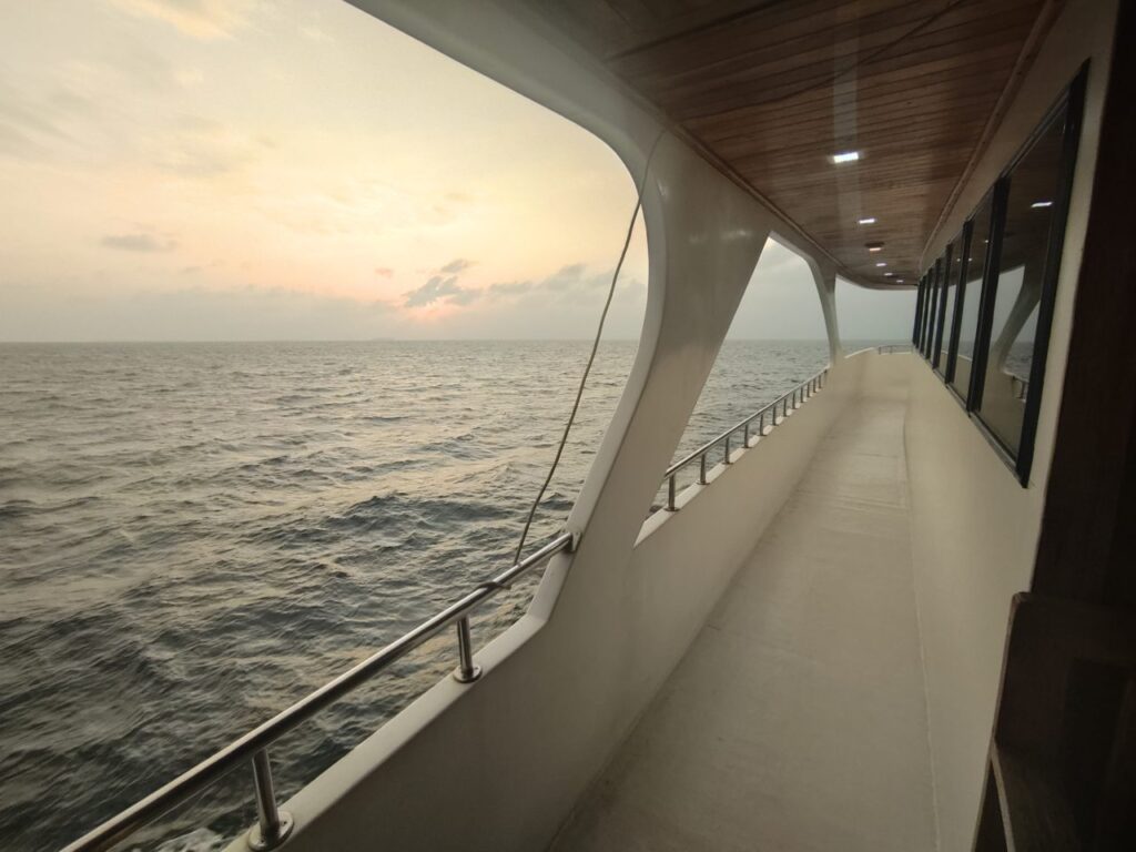 Side view of Iruvai liveaboard in the Maldives.