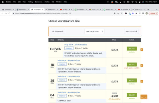 Screenshot of liveaboard booking page phase 2.