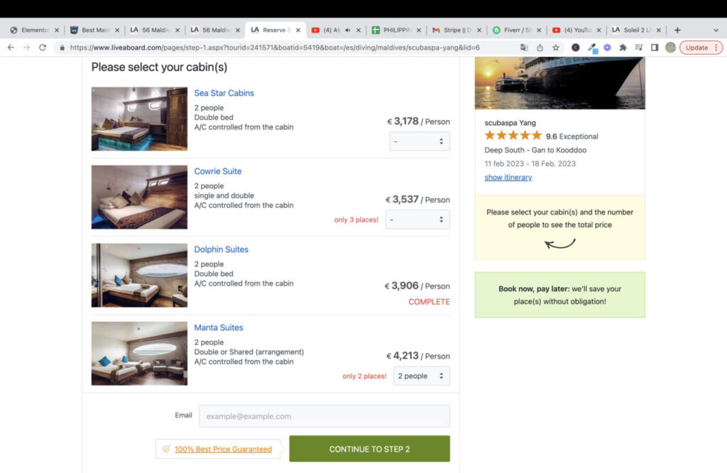 Screenshot of liveaboard booking page phase 3.