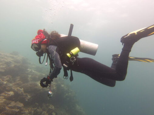 Tsvetelina scuba diver with santa hat - side profile.