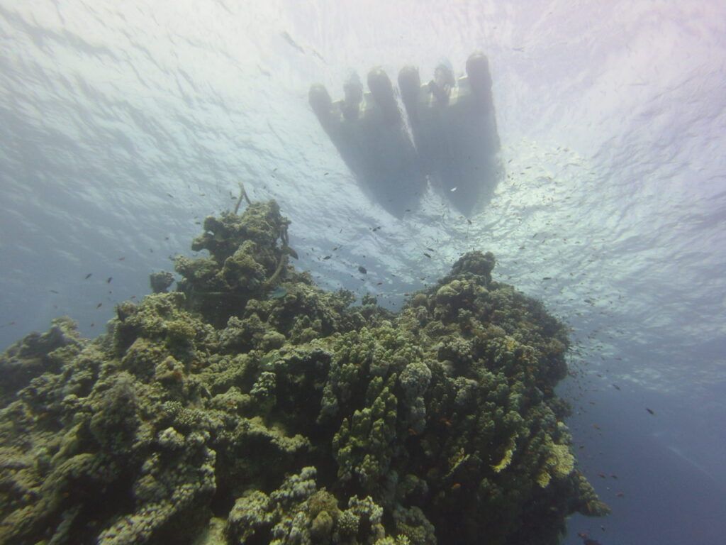 Zodiac boats from below stationed over coral pinnacle during red sea diving trip.