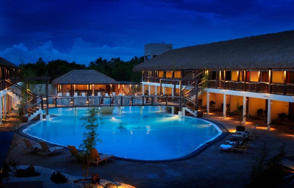 Bluewater Resort swimming pool at night.