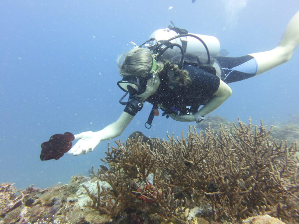 Female scuba diver sharing connecting with reef fish over hard coral reef of El Nido diving site.