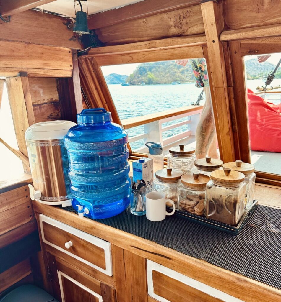 drinking water, coffee, tea and cookies: snacks on board the akomo isseki liveaboard