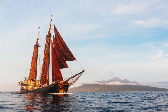 Adeelar at sea with volcanic island in background