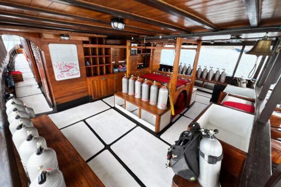 Dive deck of La Galigo with scuba tanks ready to go.