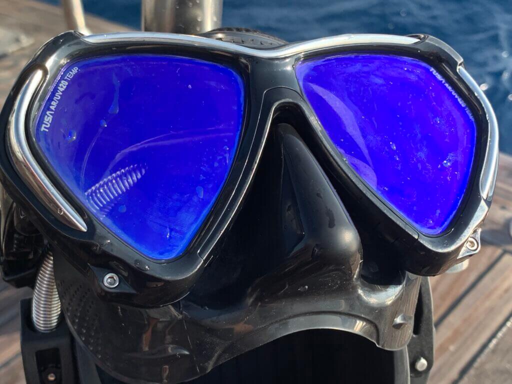 Tusa M-2001 scuba mask closeup on liveaboard in the red sea.