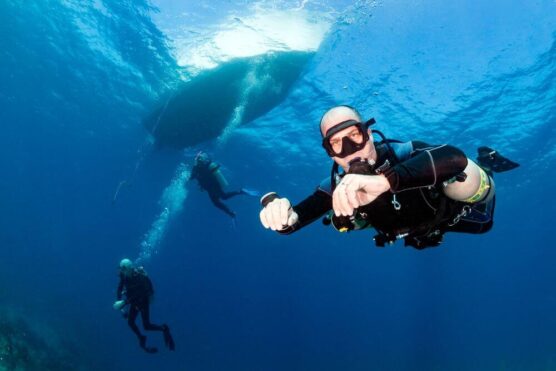 divers under a ship